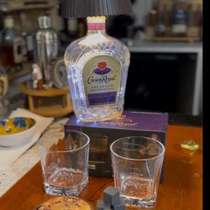 10 Piece Upcycled Crown Royal Gift Set - Bottle Lamp, 2 Logo Glasses, 4 Whisky Stones & 2 Live Wood Coasters - Rechargeable LED