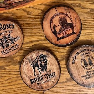 Rustic Bourbon Coaster Set - Woodford Reserve, Buffalo Trace, Pappy Van Winkle, Four Roses.