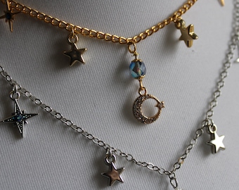 Sun, Moon and Stars Necklace With Blue Crystals in Gold and Silver