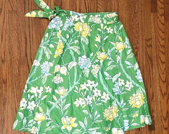 VTG 70s Floral Wrap Skirt Handmade Green Yellow Botanical A-line Cottagecore S M