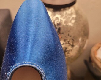 1980s Touch Ups VTG Blue Satin Kitten Heels Size 7.5 Prom Wedding Formal Pumps