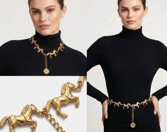 Pasek/naszyjnik z łańcuszkiem z lat 90. VTG GOLD HORSE Anne Klein 2 w 1 Jeździecki