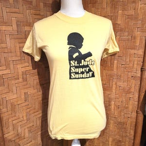 Vintage 70s 80s Thin Yellow Graphic T-Shirt S-M Devknit Single Stitch Cotton ringer shirt cotton poly BABY Hospital St Jude Charity
