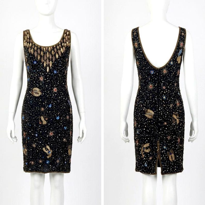 Sukienka z jedwabiu Free People z lat 90. VTG z koralikami i gwiazdami w gwiazdozbiorze zodiaku | Bogato zdobiona koralikami w kolorze czarnym i złotym zdjęcie 1