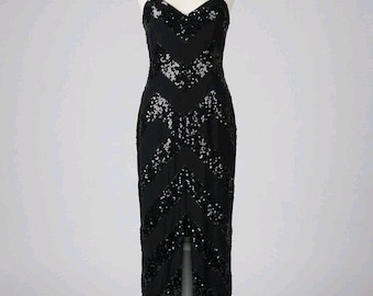 Suknia maxi z lat 90. z czarnego jedwabiu Niteline z cekinami i bez rękawów w stylu art déco w jodełkę, formalna sukienka w stylu art déco Whimsigoth w rozmiarze M