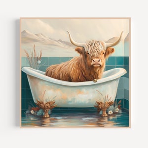 Scottish Highland Cow Bathing in a Clawfoot Tub with Mountains, Funny Bathroom Wall Art, Digital Art Print, Printable Wall Art, Wall Print