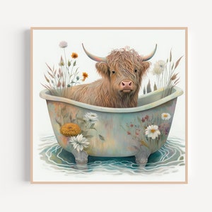 Scottish Highland Cow Bathing in a Clawfoot Tub with Wildflowers, Funny Bathroom Wall Art, Digital Art Print, Printable Wall Art, Wall Print