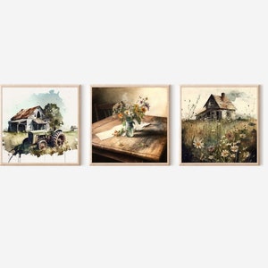 Vintage Wall Art Set of 3 Prints, Neutral Color Digital Prints, Watercolor Printable Download, Downloadable Wildflower Prints, Farmhouse Art