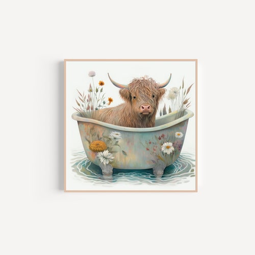 Highland Cow in Wooden Bathtub Printable Art Cow Bathing Cow - Etsy