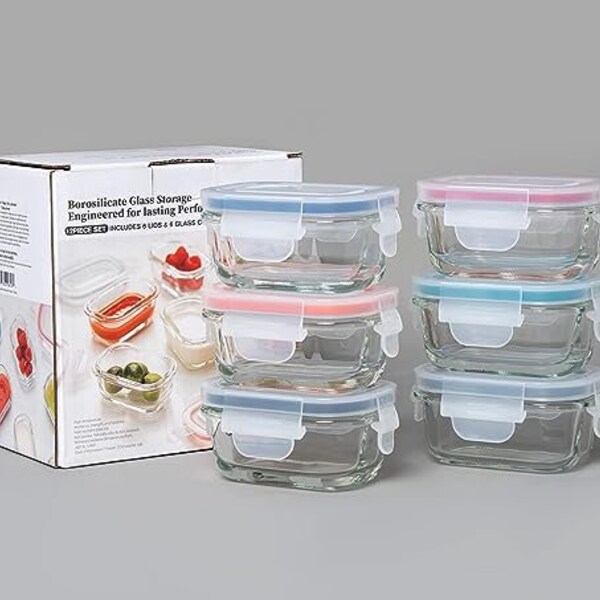 Genicook Borosilicate Glass Small Baby-Size Meal and Food Storage Containers, Rectangular Shape - 12 pc Set (6 Containers - 6 Matching Lids)