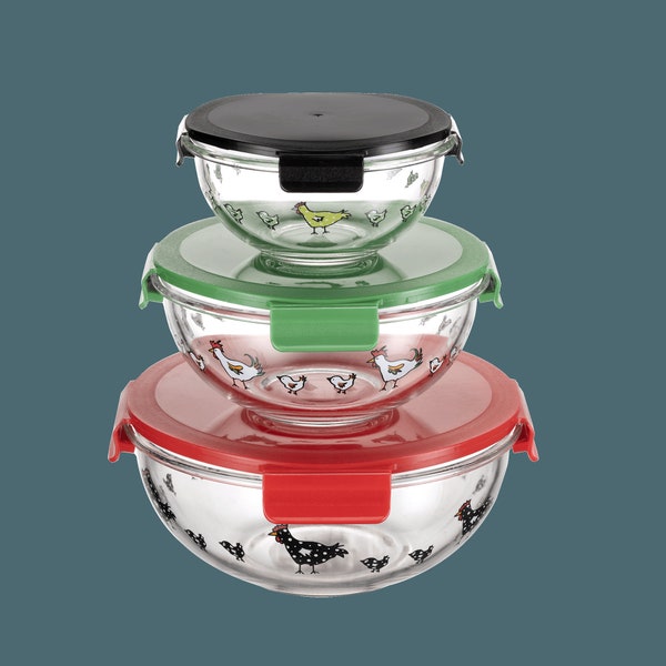 Round Borosilicate Glass Nesting Salad/Mixing Bowl Set With Snap-On Lids (3 Container Set)
