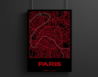 Mapa de Paris, impressões de mapas personalizados, impressão da cidade, mapa da cidade, arte de mapa moderna, impressão de mapa, pôster de impressão de mapa, qualquer local, presente de mapa, arte moderna, digital