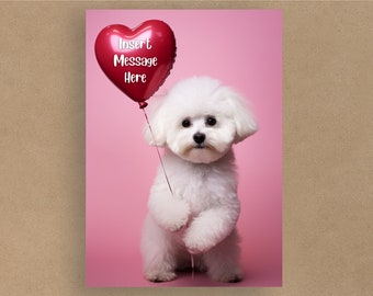 Bichon Frise Holding a Red Heart Balloon Card | Personalised with name or message | Greetings Cards | Adorable dogs | Envelope included