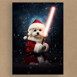 Bichon Frise Star Wars Festive Lightsaber Greetings Card | Christmas Cards | Blank or with message | Dogs in costumes | Envelope included