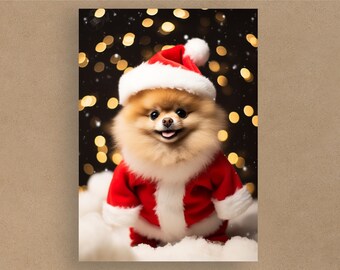 Pomeranian Santa Christmas Card | Greetings Cards | Blank or with message | Dogs in costumes | Envelope included