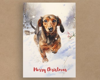Pack of 10+ Dachshund in the Snow Christmas Cards | Greetings Cards | Blank or with message | Dogs in costumes | Envelope included