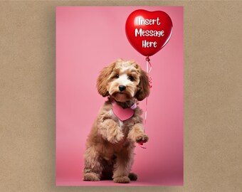 Cute Cockapoo with Red Heart Balloon Valentine's Card | Personalised with message | Greetings Cards | Adorable dogs | Envelope included