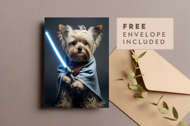 Yorkshire Terrier Star Wars Lightsaber Greetings Card Birthday Cards Cards for all occasions Cute dogs in costumes Envelope included image 3