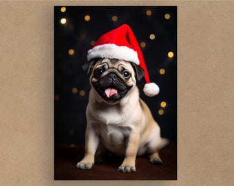 Cute Pug Pup Santa Hat Christmas Card | Greetings Cards | Blank or with message | Dogs in costumes | Envelope included