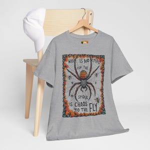 May include: Gray t-shirt with a graphic print of a spider in a web with the text "What is normal for the spider is chaos to the fly."
