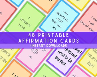 May include: 48 printable affirmation cards with positive messages in various colors. The cards are designed to help you boost your self-esteem and confidence.
