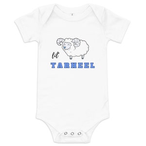 Lil Tar Heel Baby short sleeve one piece, Lil Tar Heel Onesie,  Lil Tar Heel Bodysuit, White onesie on white background.