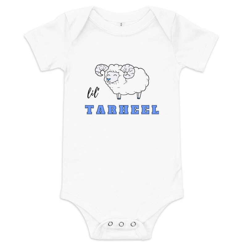 Lil Tar Heel Baby short sleeve one piece, Lil Tar Heel Onesie,  Lil Tar Heel Bodysuit, White onesie on white background.