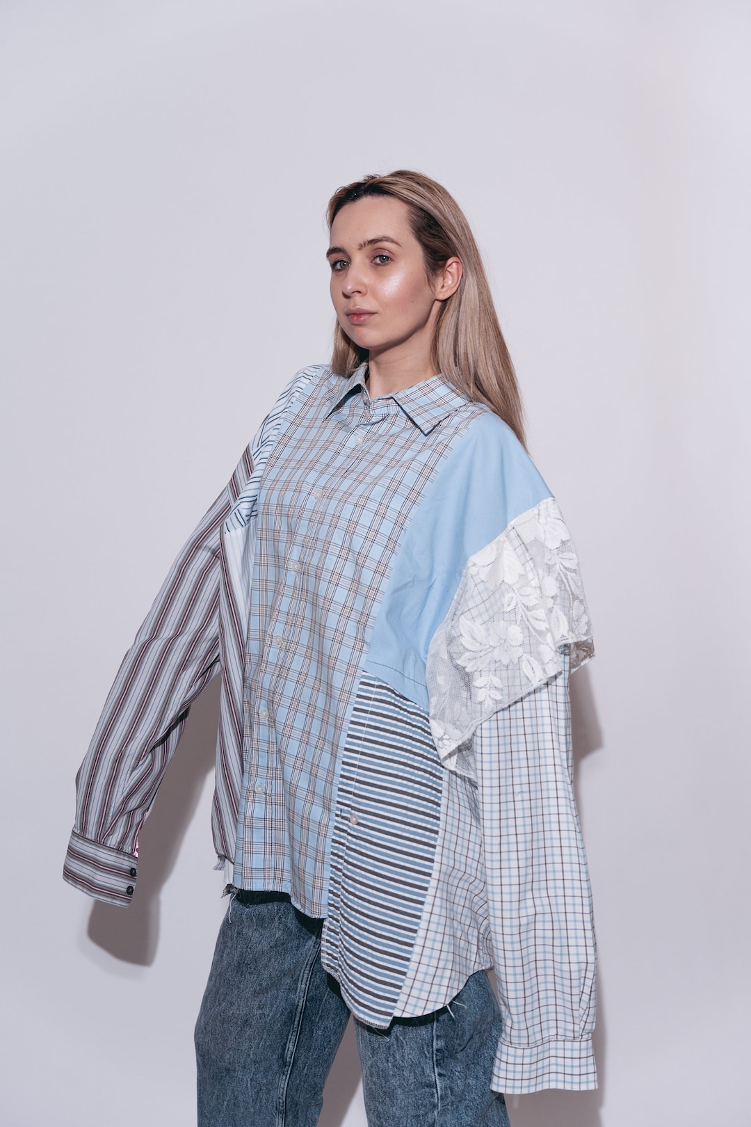 Upcycled Patchwork Vintage Shirt in Blue White Checkered - Etsy