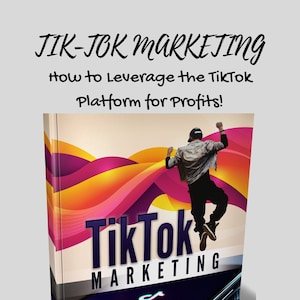 Puede incluir: Una portada de ebook digital con fondo azul y una persona saltando frente a un diseño abstracto colorido. El texto de la portada dice "TikTok Marketing: How to Leverage the TikTok Platform for Profits!" y "PLR Ebook".