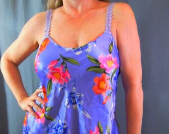 Katherine Bishop Sexy Short Lavender Floral Print Liquid Satin Chemise M Euc
