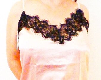 Beyond Sexy!!! Hsoioys Pink Satin 2 Piece Sleep Set with Black Fringed Lace M L NWT