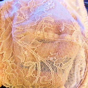 May include: Close-up of delicate, beige lace fabric with a floral pattern. The lace has a soft, airy texture and a subtle sheen.