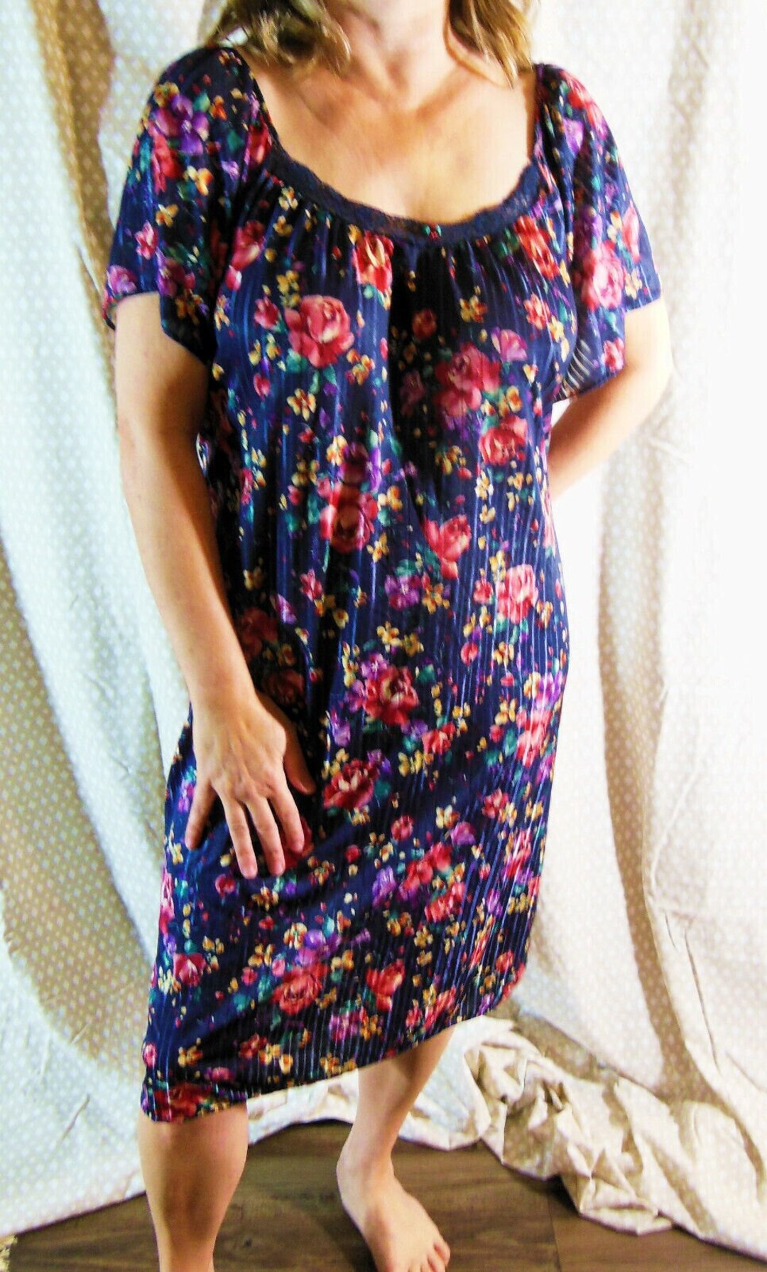 Intimate Options Elegant Long Floral Print Slippery Polyester Nightgown