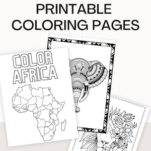 Africa Coloring Pages, 25 page bundle, Printable, black and white coloring book, homeschool printables