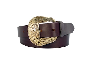 Cintura in pelle DEMICINTURE con fibbia in ottone floreale martellata a mano L (34-38 pollici) - Italia