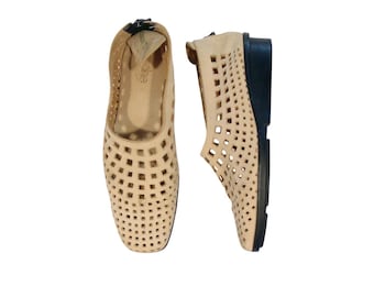 ARCHE Vintage Nubuk Gitter Niedriger Keilabsatz Zip Schuhe 38/8 - Made in FRANCE