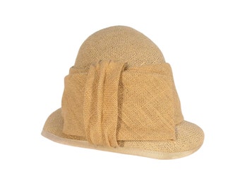 SANDRA PHILLIPPS London Vintage Burlap Bow Cloche Summer Hat O/S