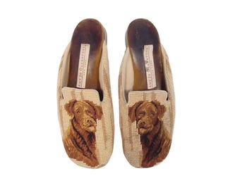 AMY JO GLADSTONE Chocolate Lab Dog Needlepoint/Petit Point Slippers Mules 7