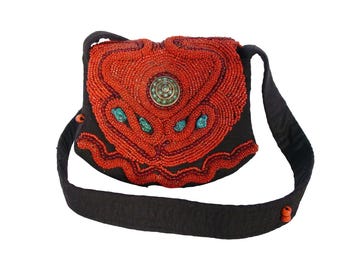 TÜRKIS und KORALLE Vintage handgefertigte Perlen Umhängetasche - Unikat