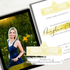 Texas A&M University Graduation Invitation Template, TAMU Minimalist Grad Announcement, Academic Building, Modern Graduation Party Invite