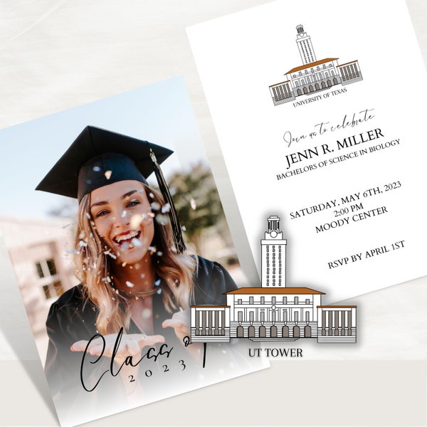 University of Texas Graduation Party Invitation Template, Minimalist Graduation Announcement, UT Tower, Modern Graduation Party Invite