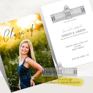 Texas A&M University Graduation Invitation Template, TAMU Minimalist Grad Announcement, Academic Building, Modern Graduation Party Invite