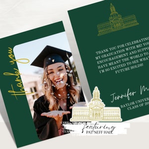 Baylor Universität Grün und Gold Dankeschön Kartenvorlage, Baylor Grad Pat Neff Hall, Abschlussankündigung Dankeskarte, jetzt herunterladen