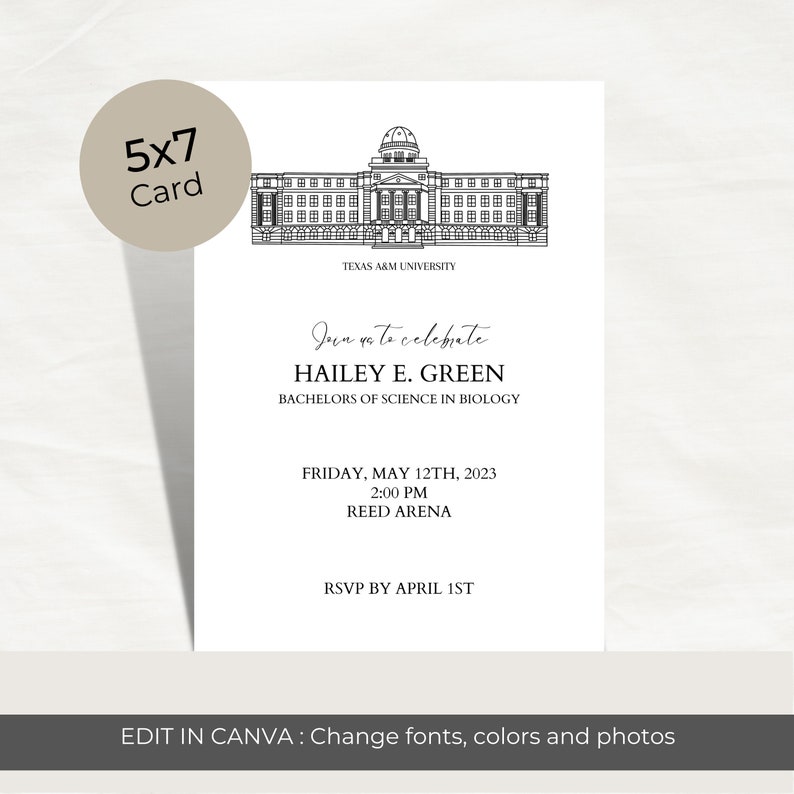 Texas A&M University Graduation Invitation Template, TAMU Minimalist Grad Announcement, Academic
