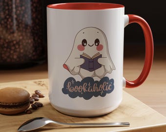 Ghostly Bookaholic Coffee Mug (11, 15oz), Cute Tea Cup, Spooky Literary Gift, Haunted Reading Mug, Paranormal Book Lover, Halloween Mug