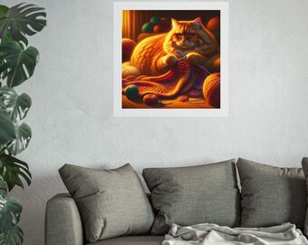 Cozy Cat Fine Art Poster Knitter gift crochet lover gift CatLover Wall Art Home Decor Gift for Cat Owners Feline Art Print, Whimsical Animal