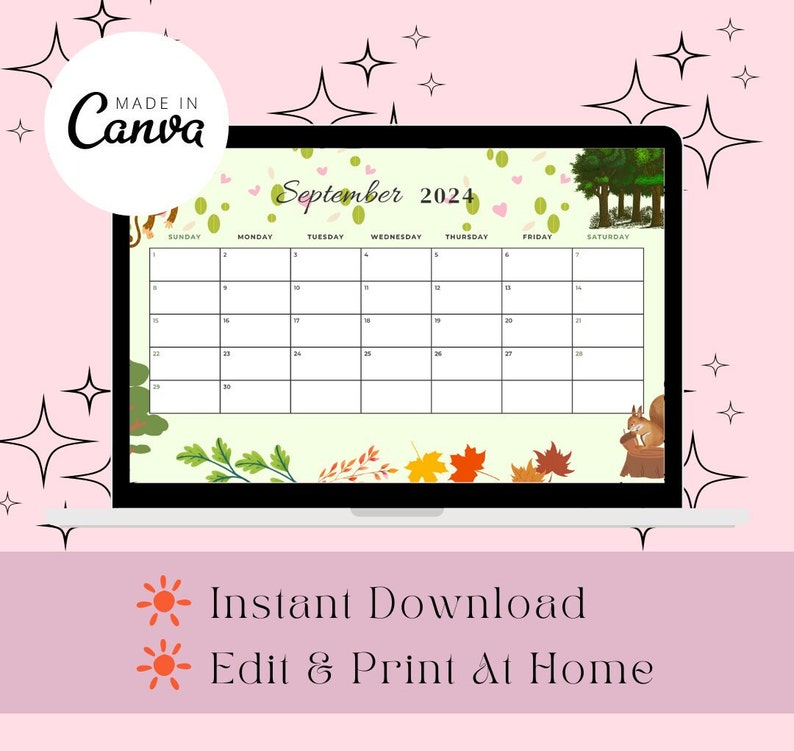 Editable Forest Animal 2025 Calendar Cute Monkey & Squirrel Etsy