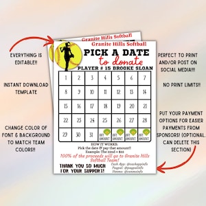 EDITABLE SOFTBALL Template, pick a date to donate, Fundraiser Calendar, pay the date Instant access to template custom softball template
