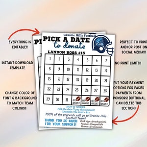 EDYTOWALNY szablon piłkarski Wybierz datę, aby przekazać darowiznę Kalendarz zbiórki funduszy Sponsoruj datę, zapłać za datę, zaciemnij moją tablicę, cyfrowa edycja piłki nożnej