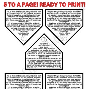 Op de afbeelding: Printbaar honkbalthema-ontwerp met tekst: "Deze pot met aarde symboliseert je reis..." in een ruitvorm. Inclusief honkbalafbeelding. Klaar om af te drukken op een witte achtergrond.